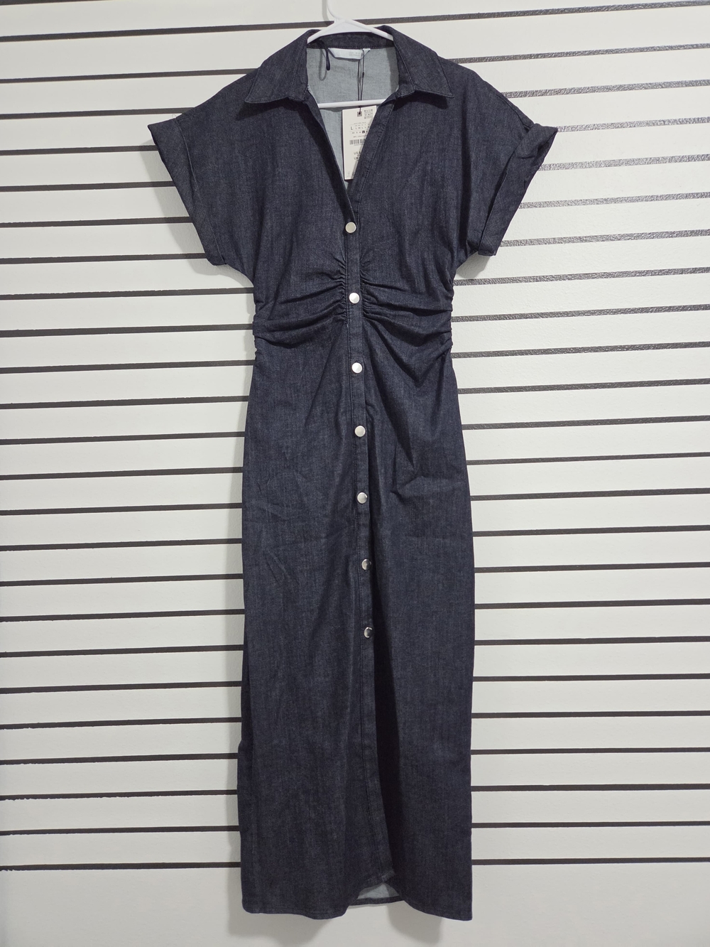 Zara Women Blue Denim Shirt Dress Short Sleeve Button Midi